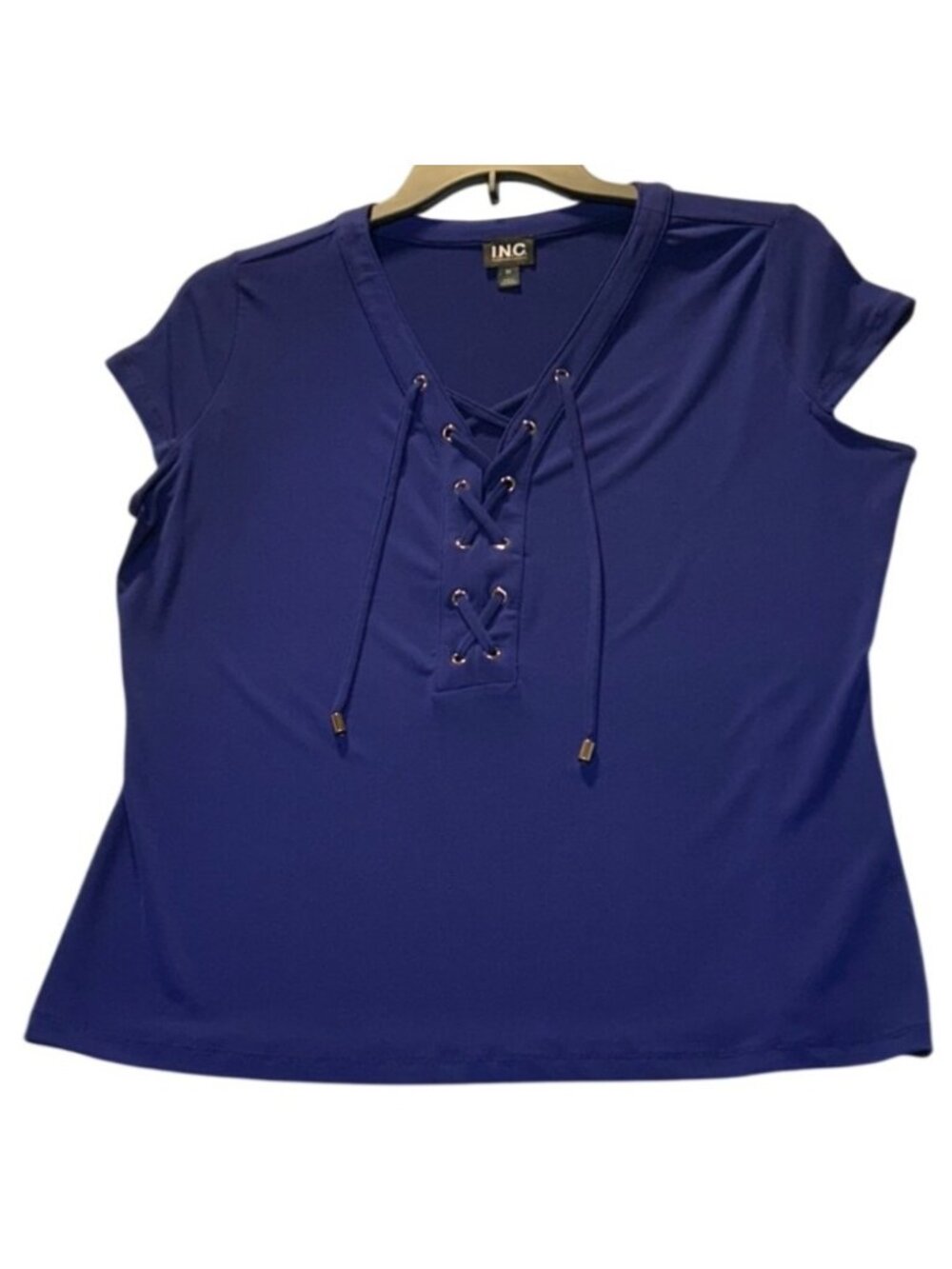 I.N.C. Womens Size 0X Short-Sleeve Sapphire Crush Knit Top lace up detail